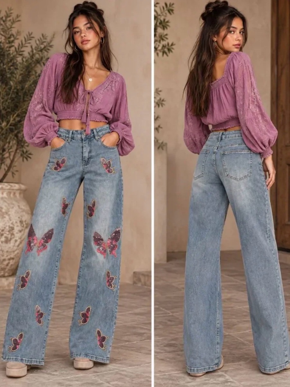 NWT Butterfly Embroidered Wide Leg Jeans Y2K Size 1